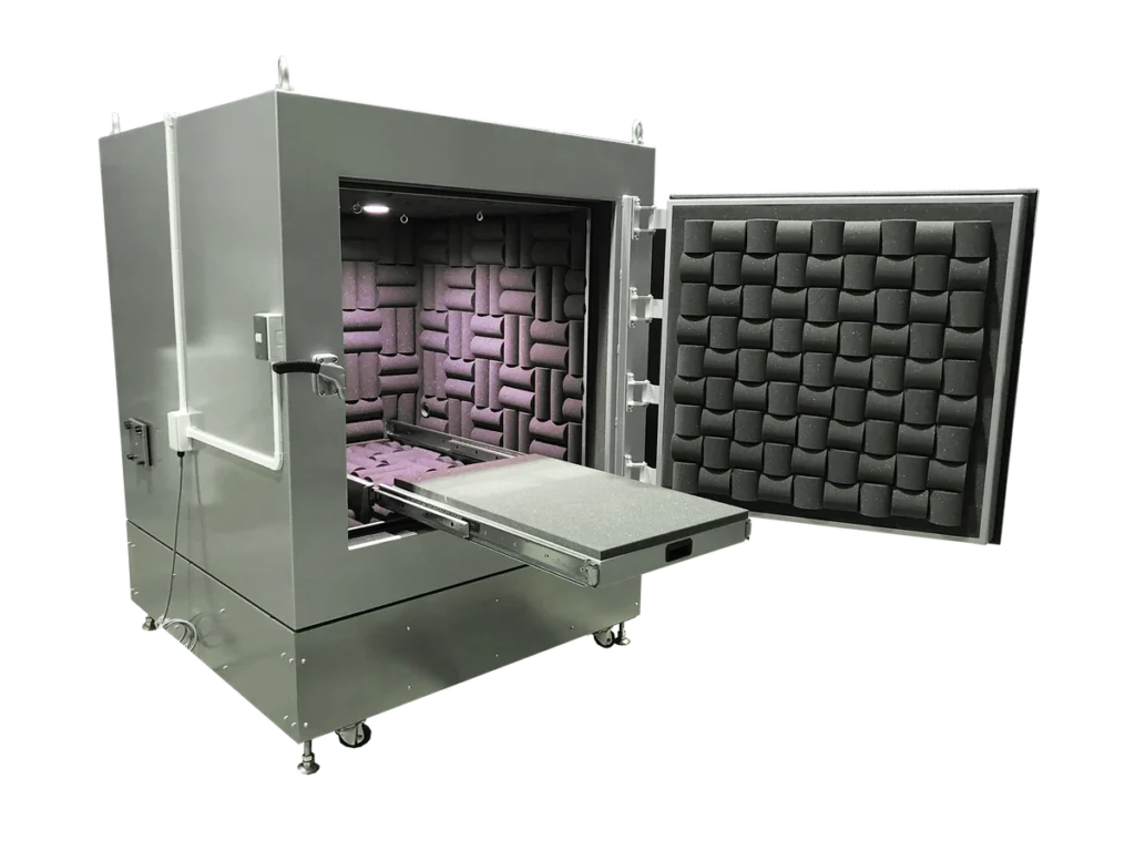 Open Door Anechoic Test Box showing sliding table Open Door Anechoic Test Box showing sliding table