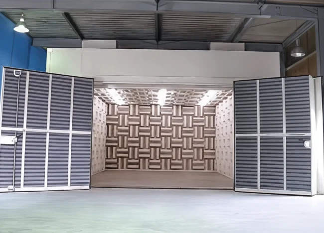 open door view of a semi anechoic acoustic chamber for vehicles
