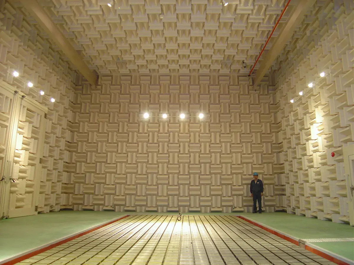 a person standing inside semi anechoic chamber a person standing inside semi anechoic chamber
